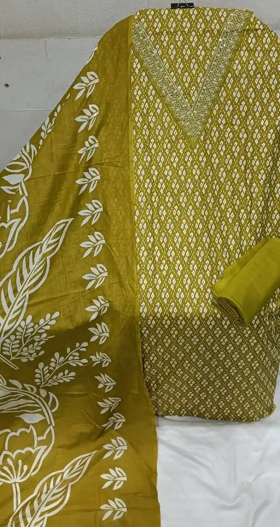 Unstitched Suit with Neck Embroidery & Cotton Dupatta