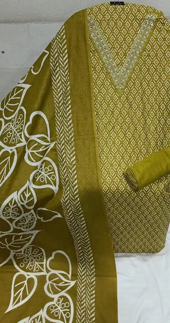 Unstitched Suit with Neck Embroidery & Cotton Dupatta