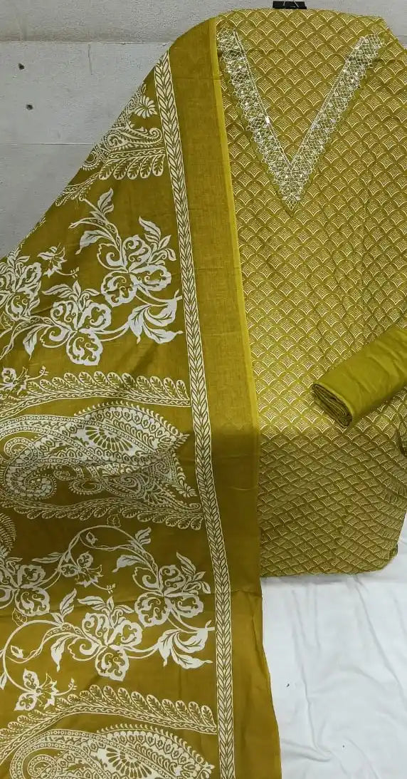 Unstitched Suit with Neck Embroidery & Cotton Dupatta