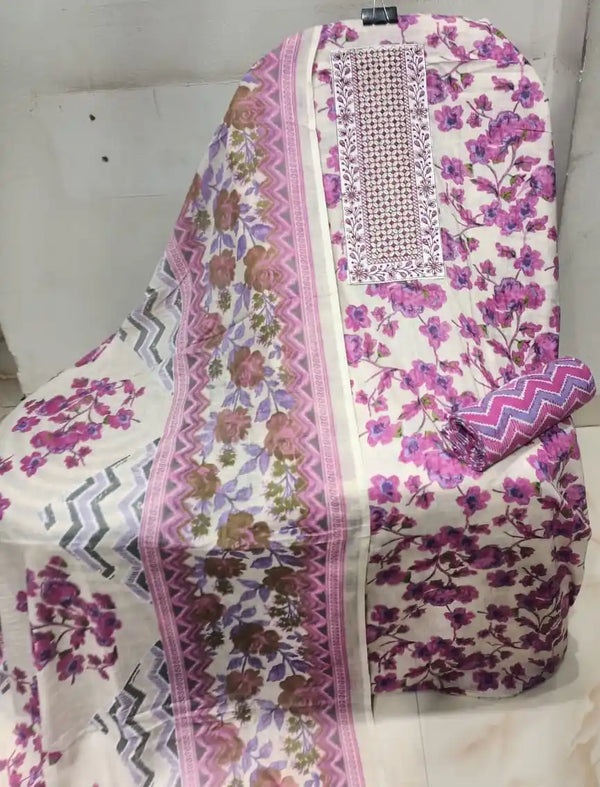 Unstitched Suit with Neck Embroidery & Cotton Dupatta