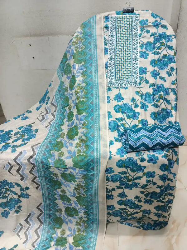 Unstitched Suit with Neck Embroidery & Cotton Dupatta