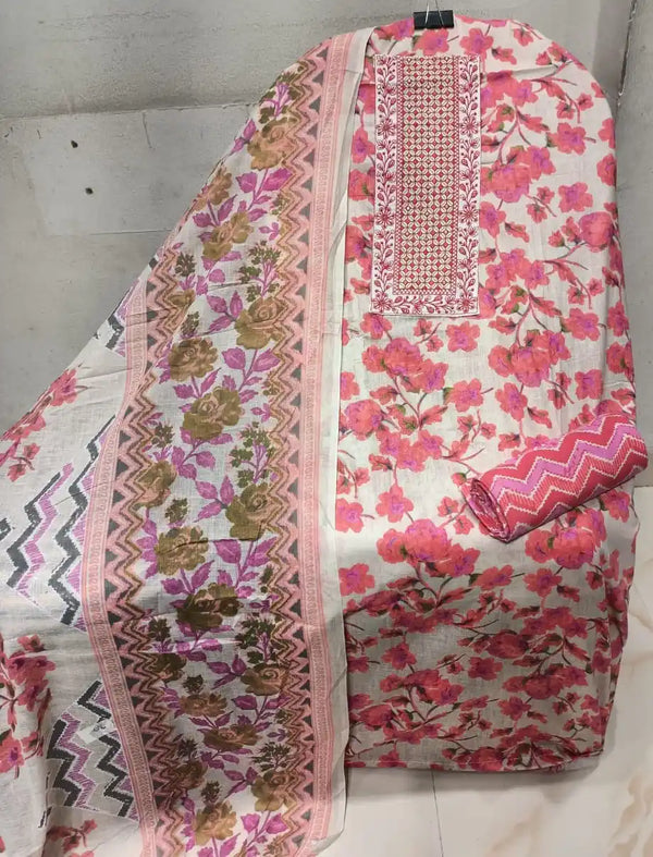 Unstitched Suit with Neck Embroidery & Cotton Dupatta
