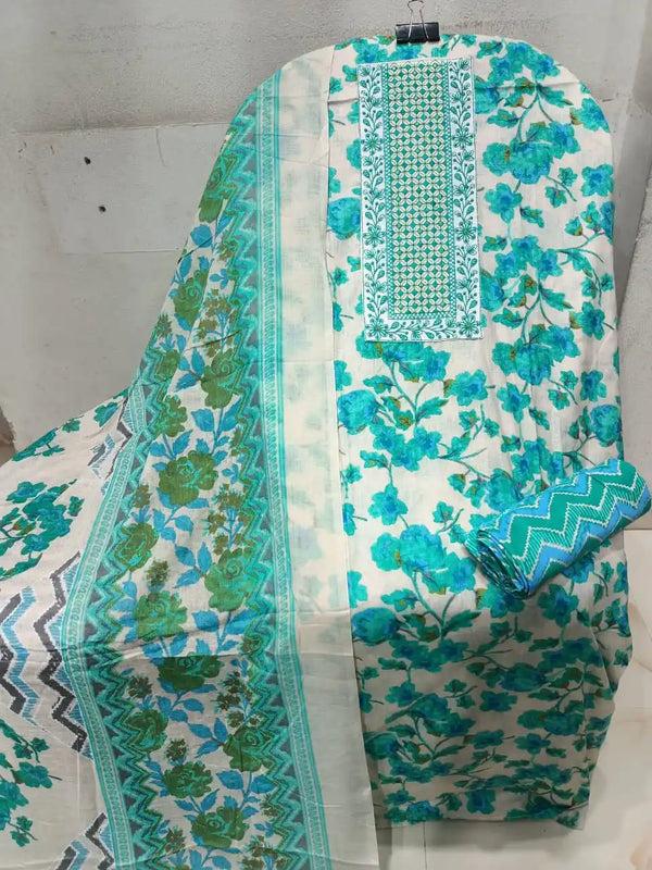 Unstitched Suit with Neck Embroidery & Cotton Dupatta