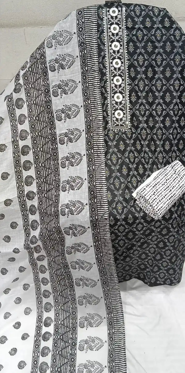 Unstitched Suit with Neck Embroidery & Cotton Dupatta