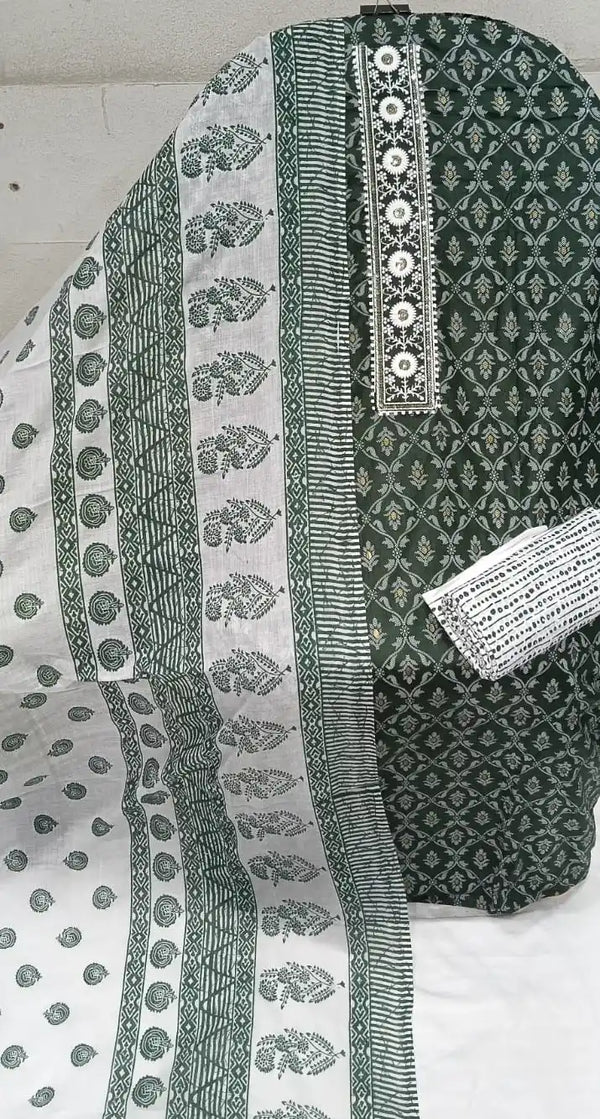 Unstitched Suit with Neck Embroidery & Cotton Dupatta