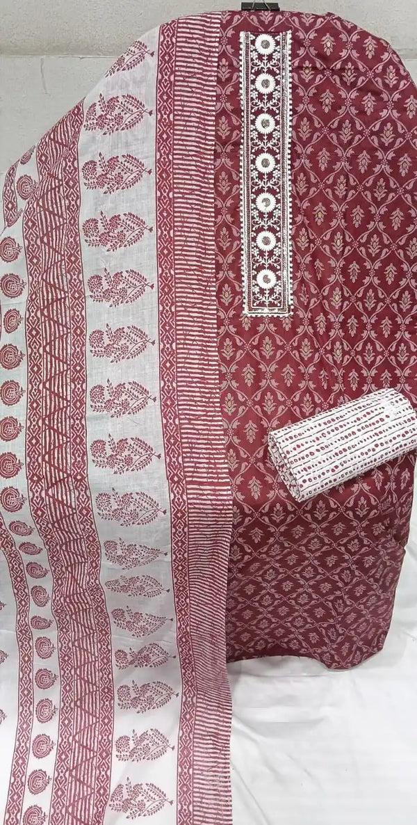 Unstitched Suit with Neck Embroidery & Cotton Dupatta