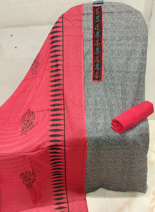 Unstitched Suit with Neck Embroidery & Cotton Dupatta