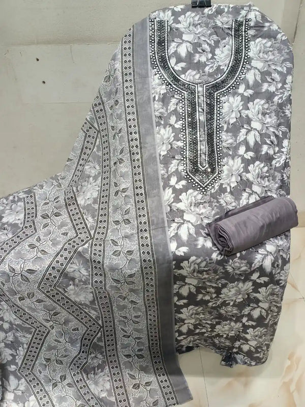 Unstitched Suit with Neck Embroidery & Cotton Dupatta