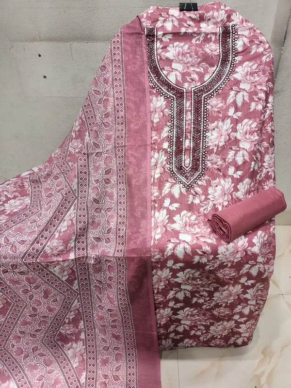 Unstitched Suit with Neck Embroidery & Cotton Dupatta
