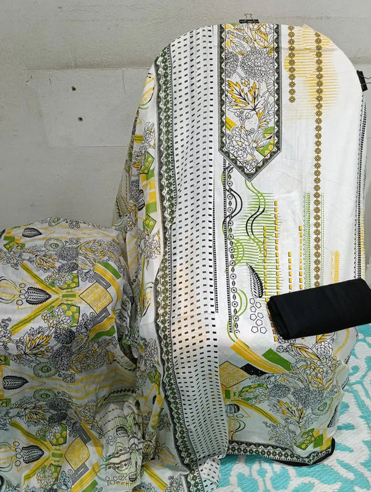 Unstitched Suit with Neck Embroidery & Cotton Dupatta