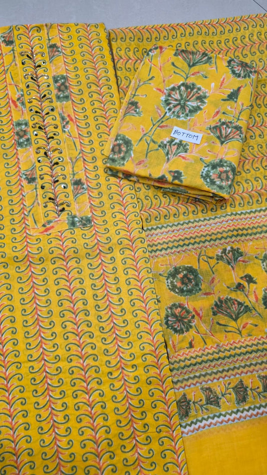 Unstitched Suit with Neck Embroidery & Cotton Dupatta