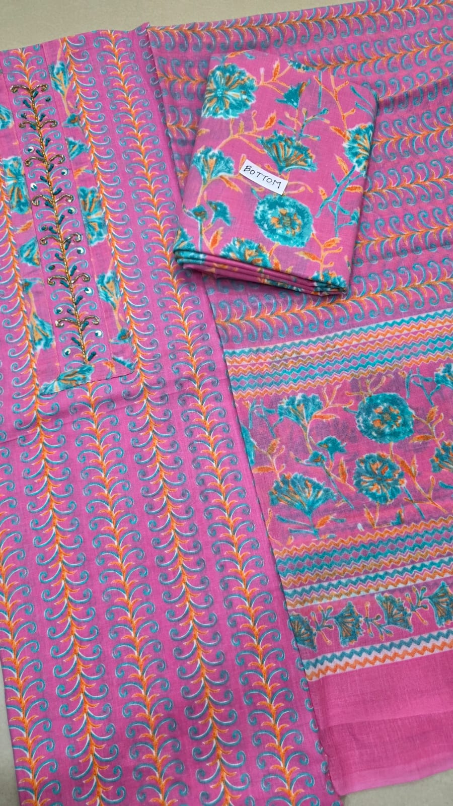 Unstitched Suit with Neck Embroidery & Cotton Dupatta
