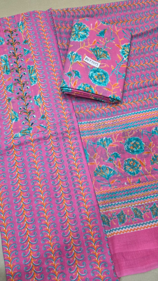 Unstitched Suit with Neck Embroidery & Cotton Dupatta