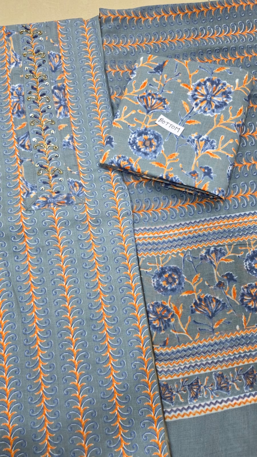Unstitched Suit with Neck Embroidery & Cotton Dupatta