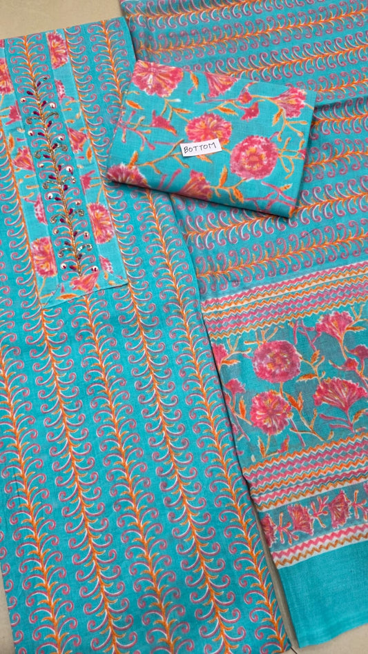 Unstitched Suit with Neck Embroidery & Cotton Dupatta