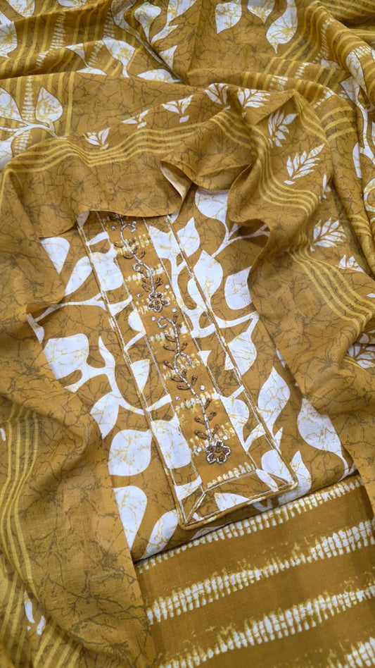 Unstitched Suit with Neck Embroidery & Cotton Dupatta