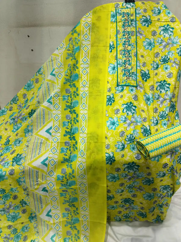 Unstitched Suit with Neck Embroidery & Cotton Dupatta