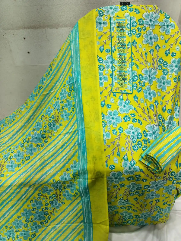 Unstitched Suit with Neck Embroidery & Cotton Dupatta