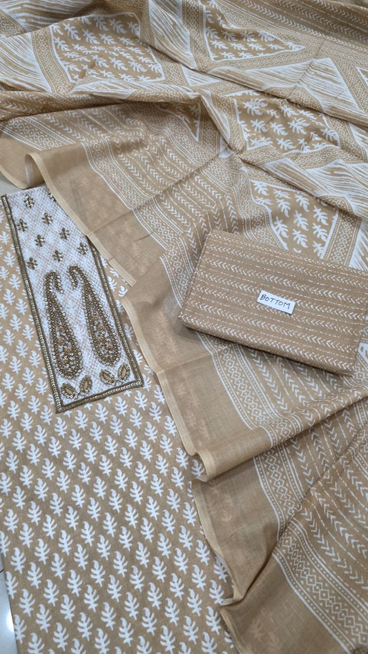 Unstitched Suit with Neck Embroidery & Cotton Dupatta