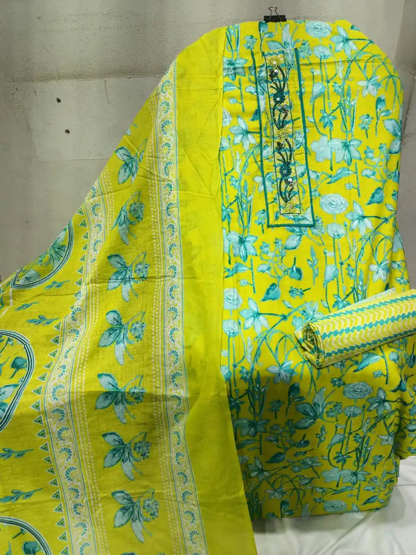 Unstitched Suit with Neck Embroidery & Cotton Dupatta