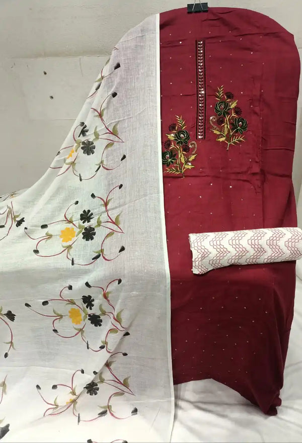 Unstitched Suit with Neck Embroidery & Cotton Dupatta