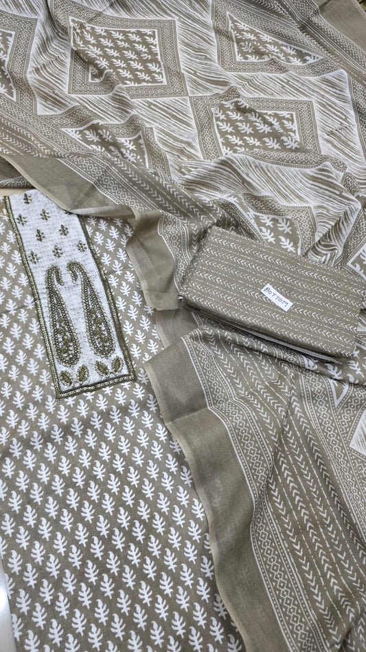 Unstitched Suit with Neck Embroidery & Cotton Dupatta