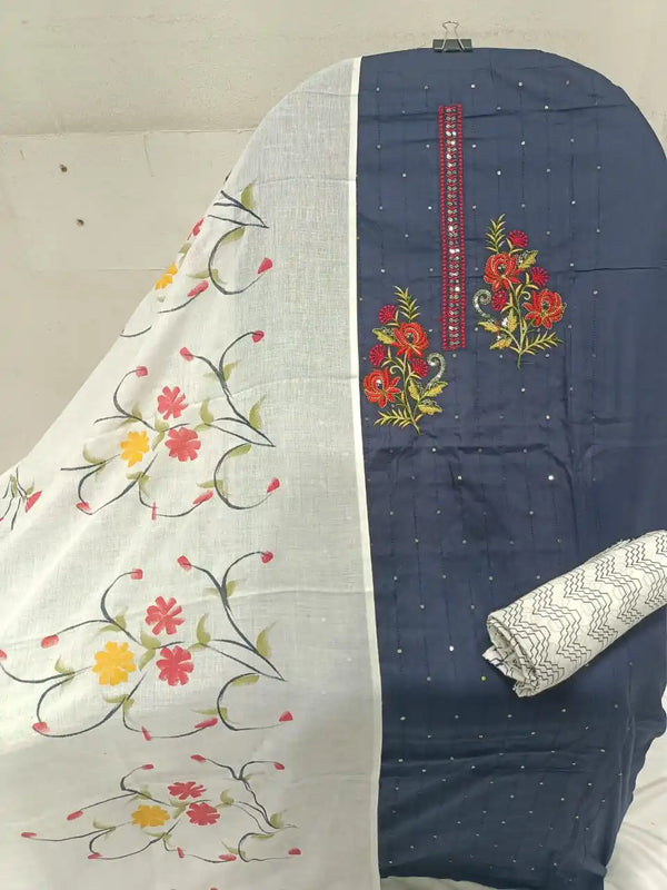 Unstitched Suit with Neck Embroidery & Cotton Dupatta