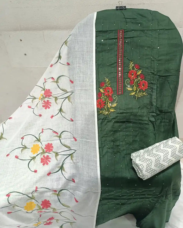 Unstitched Suit with Neck Embroidery & Cotton Dupatta