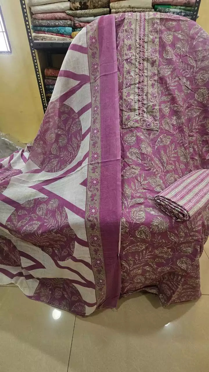 Unstitched Suit with Neck Embroidery & Cotton Dupatta