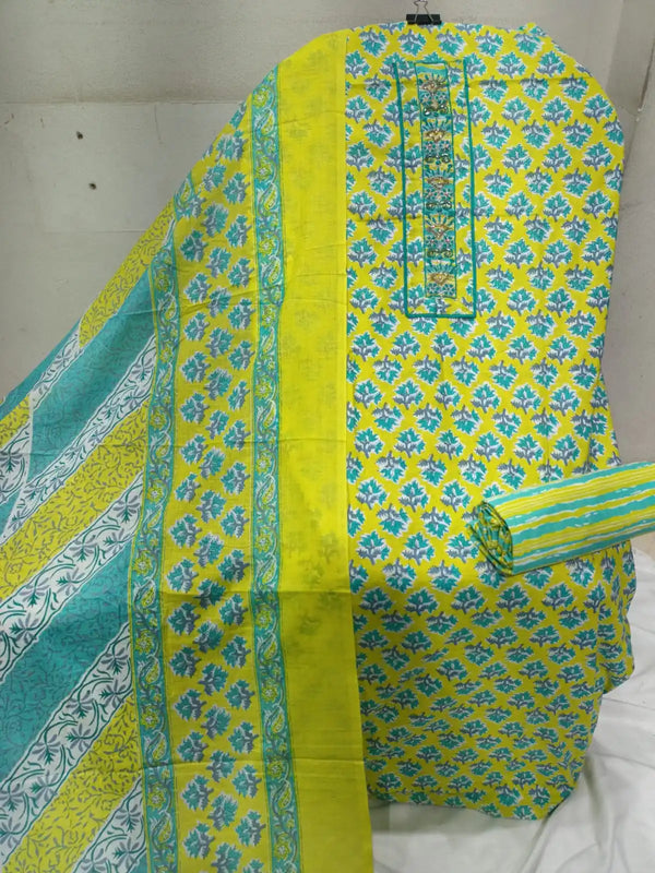 Unstitched Suit with Neck Embroidery & Cotton Dupatta
