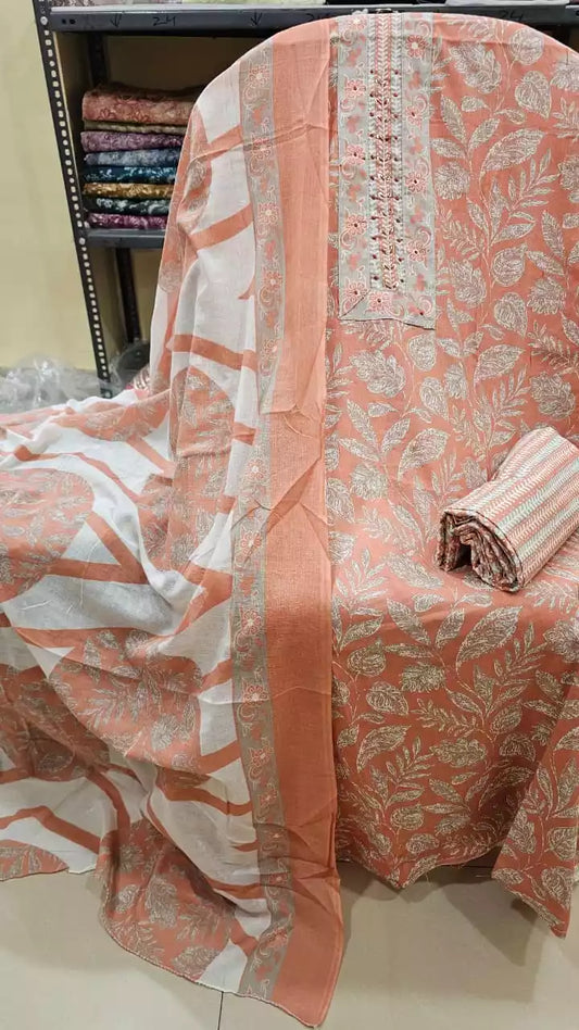 Unstitched Suit with Neck Embroidery & Cotton Dupatta