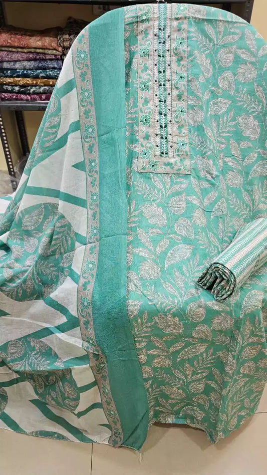 Unstitched Suit with Neck Embroidery & Cotton Dupatta