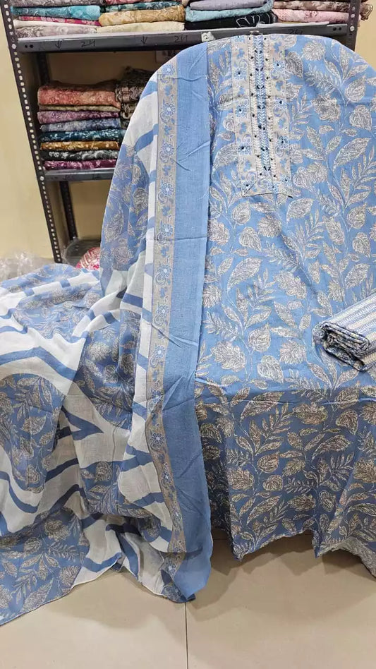 Unstitched Suit with Neck Embroidery & Cotton Dupatta