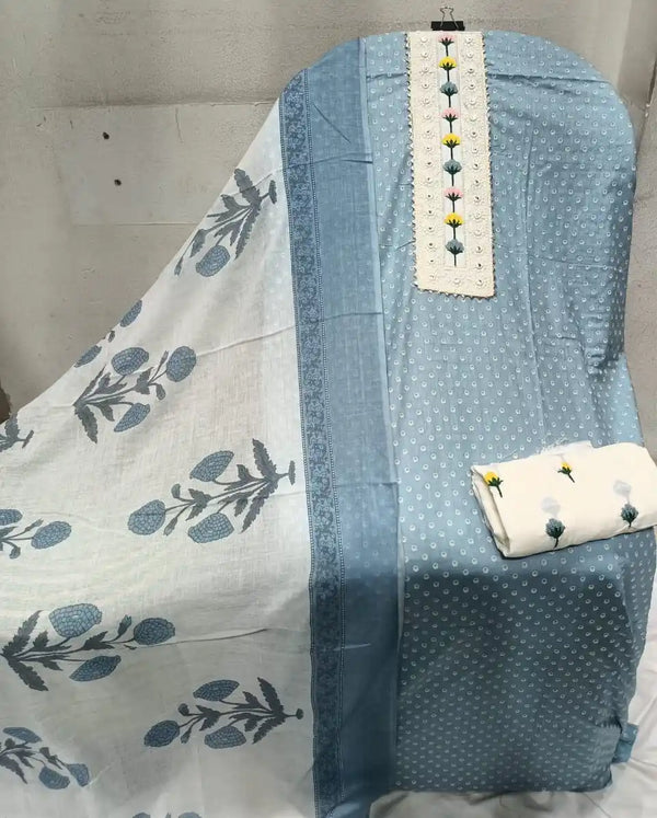 Unstitched Suit with Neck Embroidery & Cotton Dupatta