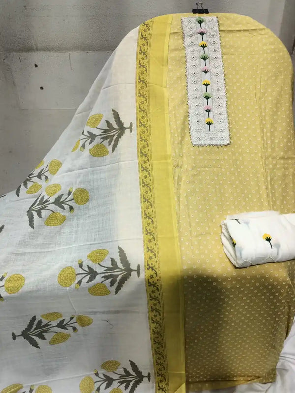 Unstitched Suit with Neck Embroidery & Cotton Dupatta