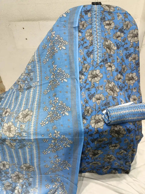 Unstitched Suit with Neck Embroidery & Cotton Dupatta