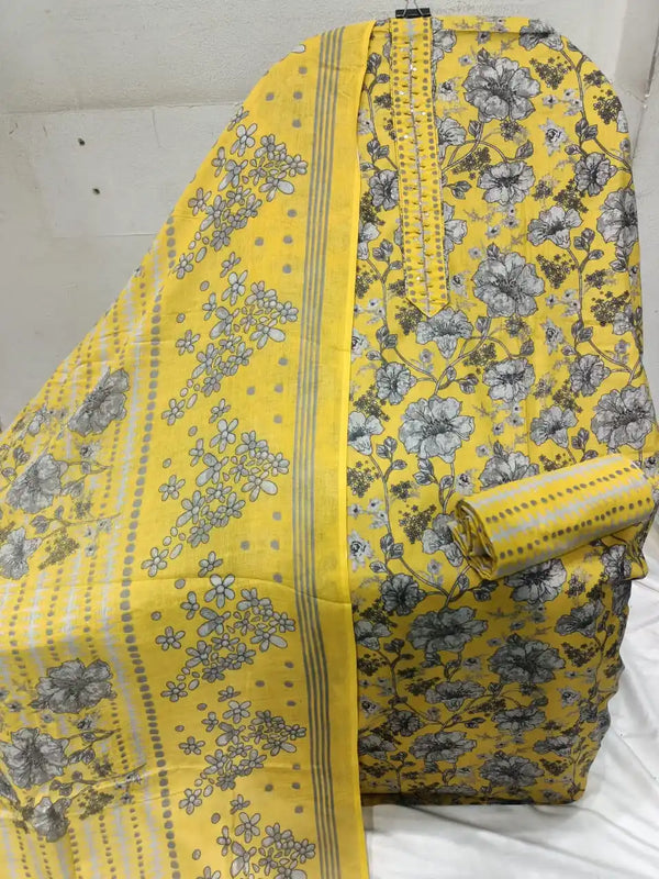 Unstitched Suit with Neck Embroidery & Cotton Dupatta
