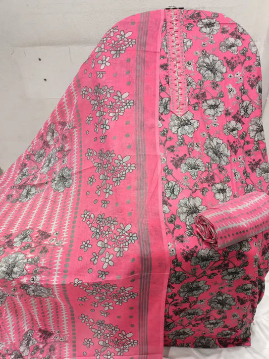 Unstitched Suit with Neck Embroidery & Cotton Dupatta