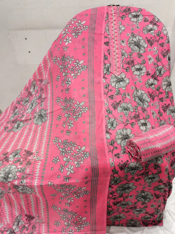 Unstitched Suit with Neck Embroidery & Cotton Dupatta