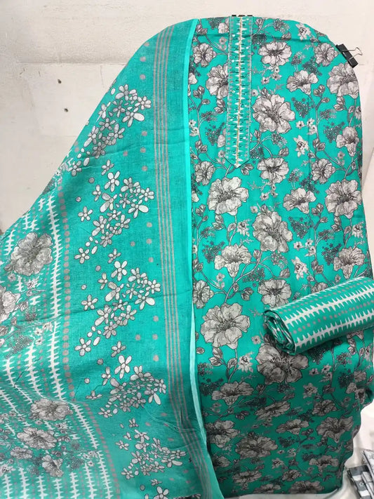 Unstitched Suit with Neck Embroidery & Cotton Dupatta