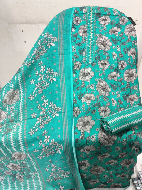 Unstitched Suit with Neck Embroidery & Cotton Dupatta