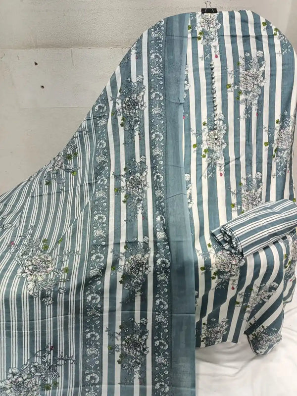 Unstitched Suit with Neck Embroidery & Cotton Dupatta