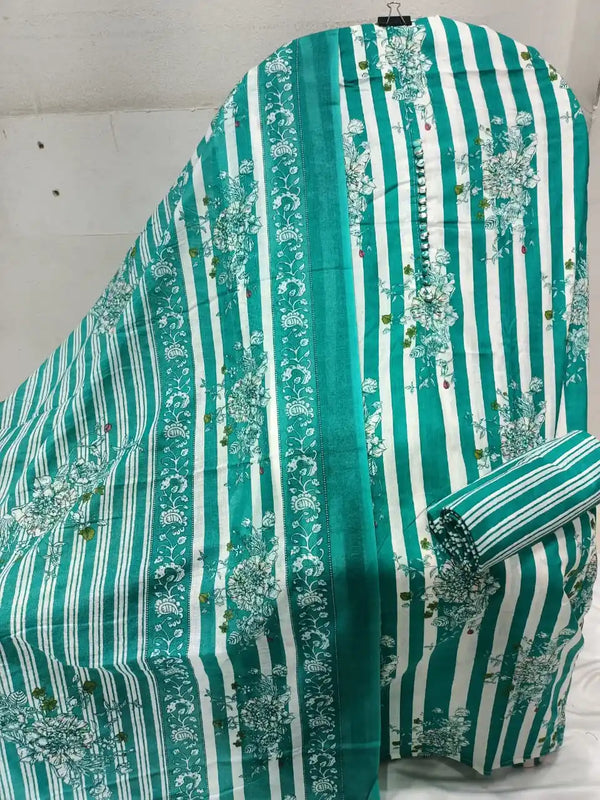 Unstitched Suit with Neck Embroidery & Cotton Dupatta