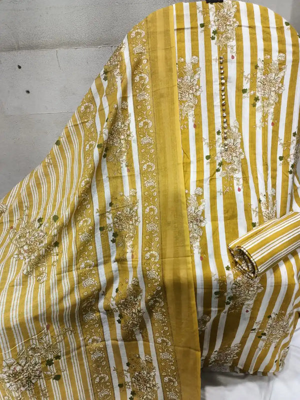 Unstitched Suit with Neck Embroidery & Cotton Dupatta