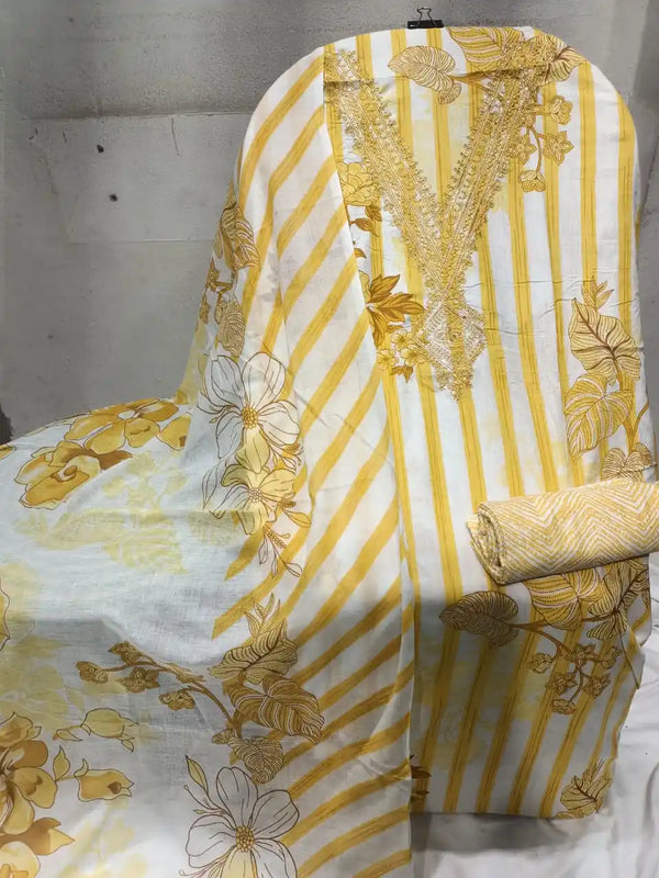 Unstitched Suit with Neck Embroidery & Cotton Dupatta