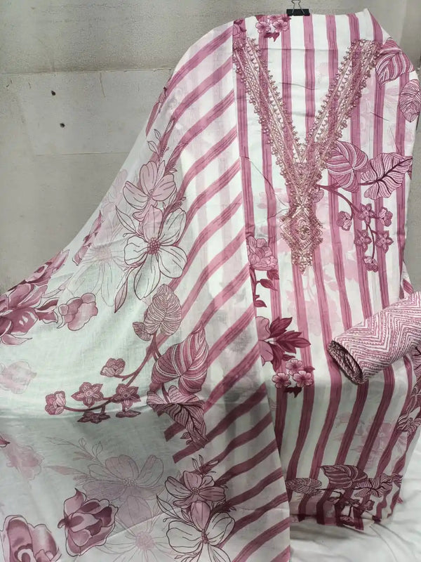 Unstitched Suit with Neck Embroidery & Cotton Dupatta