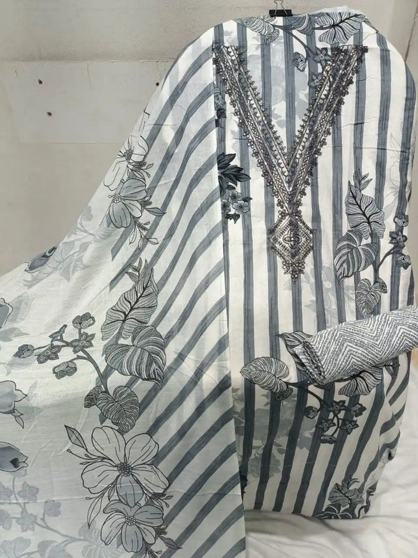 Unstitched Suit with Neck Embroidery & Cotton Dupatta