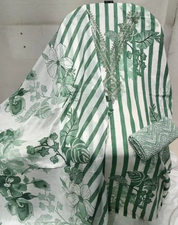 Unstitched Suit with Neck Embroidery & Cotton Dupatta