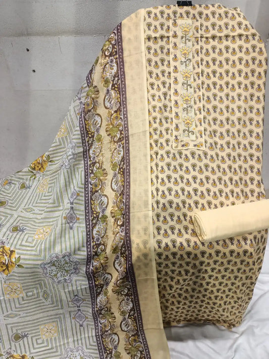 Unstitched Suit with Neck Embroidery & Cotton Dupatta
