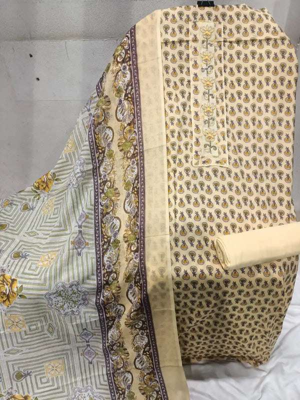 Unstitched Suit with Neck Embroidery & Cotton Dupatta
